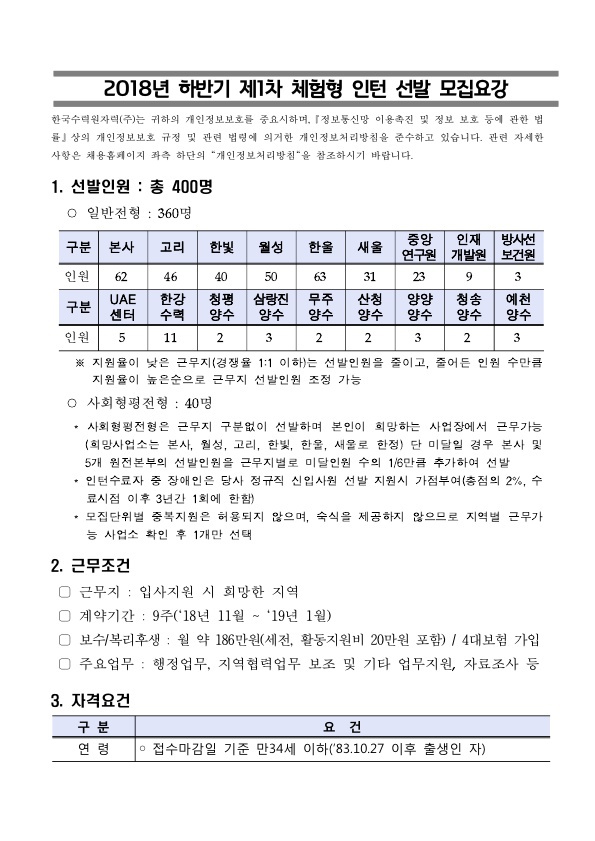 한국수력원자력(주) 2018년 하반기 제1차 체험형 인턴 선발 모집 공고