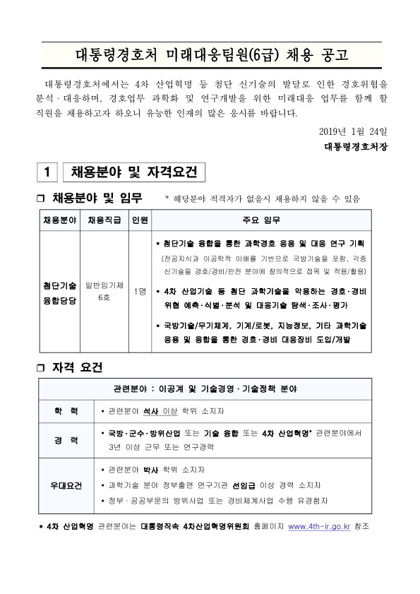 대통령경호처 미래대응팀원(6급) 채용 공고